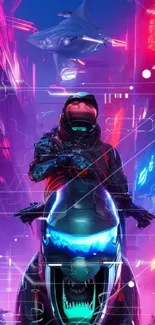 Futuristic neon city wallpaper with motorcycle and flying shark.