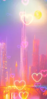 Futuristic neon cityscape with glowing skyline under a full moon.