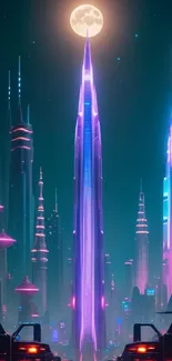 Futuristic cityscape with neon skyscrapers under a full moon.