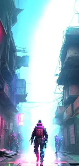 Futuristic neon-lit city street wallpaper with a cyberpunk theme.