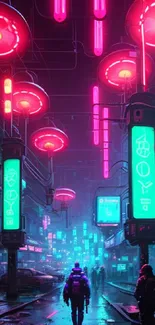 Futuristic neon-lit cityscape with people walking at night.