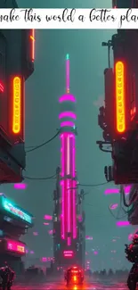 Futuristic neon cityscape with towering buildings and vibrant hues.