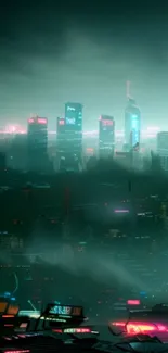 Futuristic cityscape with neon lights at night.