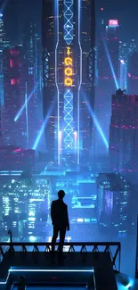 Futuristic neon cityscape with vibrant lights showing a silhouetted figure.