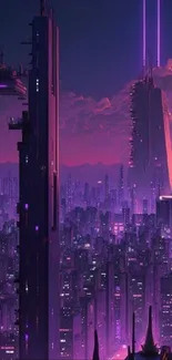 Futuristic neon cityscape in purple hues with skyscrapers.