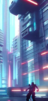 Futuristic neon cityscape with cyborg silhouette.