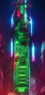 Futuristic cityscape with neon lights and vibrant colors featuring green hues.