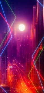 Futuristic neon cityscape wallpaper with a glowing moon.