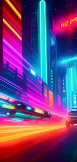 Futuristic neon cityscape with flying cars and vibrant lights.