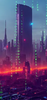 Futuristic neon cityscape with skyscrapers at twilight.