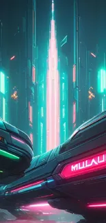 Futuristic neon cityscape with glowing lights and advanced technology.