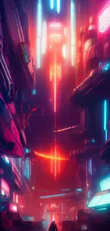 Futuristic neon cityscape with vibrant lights in cyberpunk style.