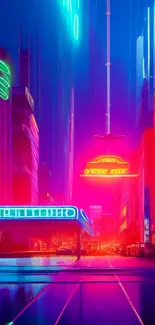 Vibrant futuristic neon cityscape with glowing lights and cyberpunk theme.