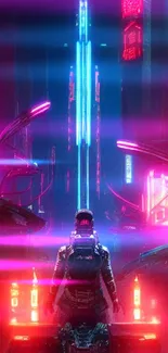 Futuristic cityscape with neon lights in a cyberpunk theme wallpaper.