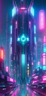 Futuristic neon cityscape with vibrant lights.