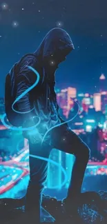 Silhouette in neon cityscape with vibrant blue tones on a mobile wallpaper.