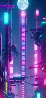 Futuristic neon cityscape with glowing signs under a full moon.