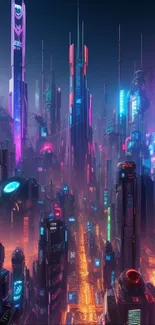 Futuristic neon cityscape wallpaper with vibrant colors and towering skyscrapers.