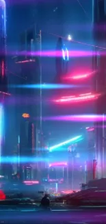 Futuristic cityscape with neon lights and skyscrapers in a night setting.