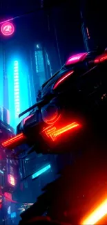 Futuristic cityscape with neon lights in a cyberpunk style.