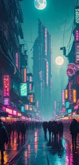 Futuristic cityscape with neon lights illuminating the night street.