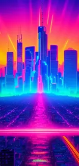 Futuristic neon cityscape with vibrant skyline and radiant sunset.