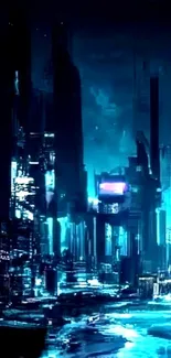 Futuristic neon cityscape with deep blue tones.