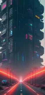 Futuristic cityscape with neon lights and towering structures on a mobile wallpaper.