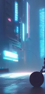 Futuristic cityscape with neon lights and motorcycle silhouette in blue tones.