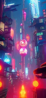 Futuristic neon cityscape with bright lights in cyberpunk style.