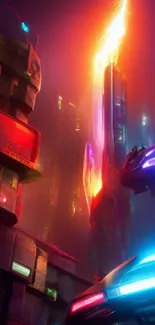 Futuristic neon cityscape with vibrant lights and towering skyscrapers.