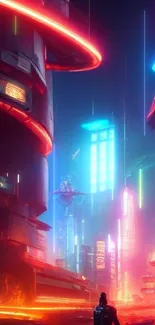 Futuristic neon cityscape with vibrant lights and skyscrapers in blue and pink hues.