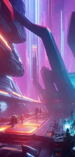 Futuristic cityscape with neon lights and digital structures.