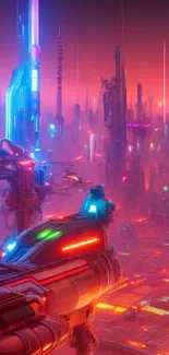 Futuristic neon cityscape with vibrant glowing lights.