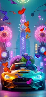 Futuristic neon cityscape with glowing cars and buildings.