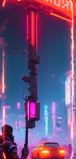 Futuristic neon cityscape with vibrant colors, cars, and urban elements.