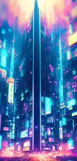 Futuristic cyberpunk city with neon lights and tall buildings in vibrant colors.