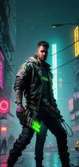 Cyberpunk figure in neon-lit cityscape with futuristic vibes.