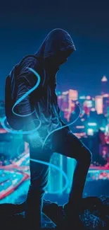 Silhouette in neon-lit cityscape with blue accents.