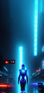 Futuristic neon cityscape with a lone figure in glowing light.