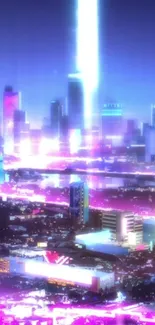 Futuristic neon cityscape with purple lights.