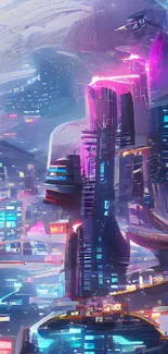 Futuristic cityscape with vibrant neon colors and towering structures.