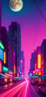 Futuristic neon cityscape at night with a glowing moon and vibrant street lights.