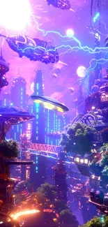 Futuristic neon cityscape with vibrant lights and floating vehicles.