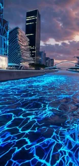 Futuristic cityscape wallpaper with glowing neon blue urban river scene.