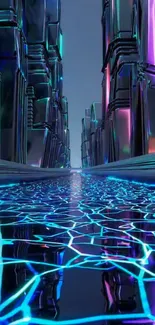 Futuristic neon cityscape with reflections and vibrant glow.