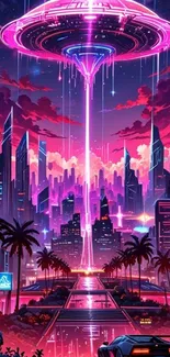 Futuristic neon cityscape with UFO and skyline.