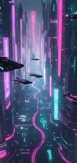 Futuristic neon cityscape with vibrant lights and floating vehicles.