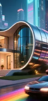 Futuristic cityscape with neon lights and modern architecture at night.