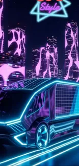 Futuristic city with neon lights and a sleek vehicle.